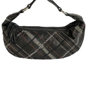 Vintage Y2K‎ Elliot Lucca Hobo Shoulder Bag Black Bias Paid Leather Tassel NWOT
